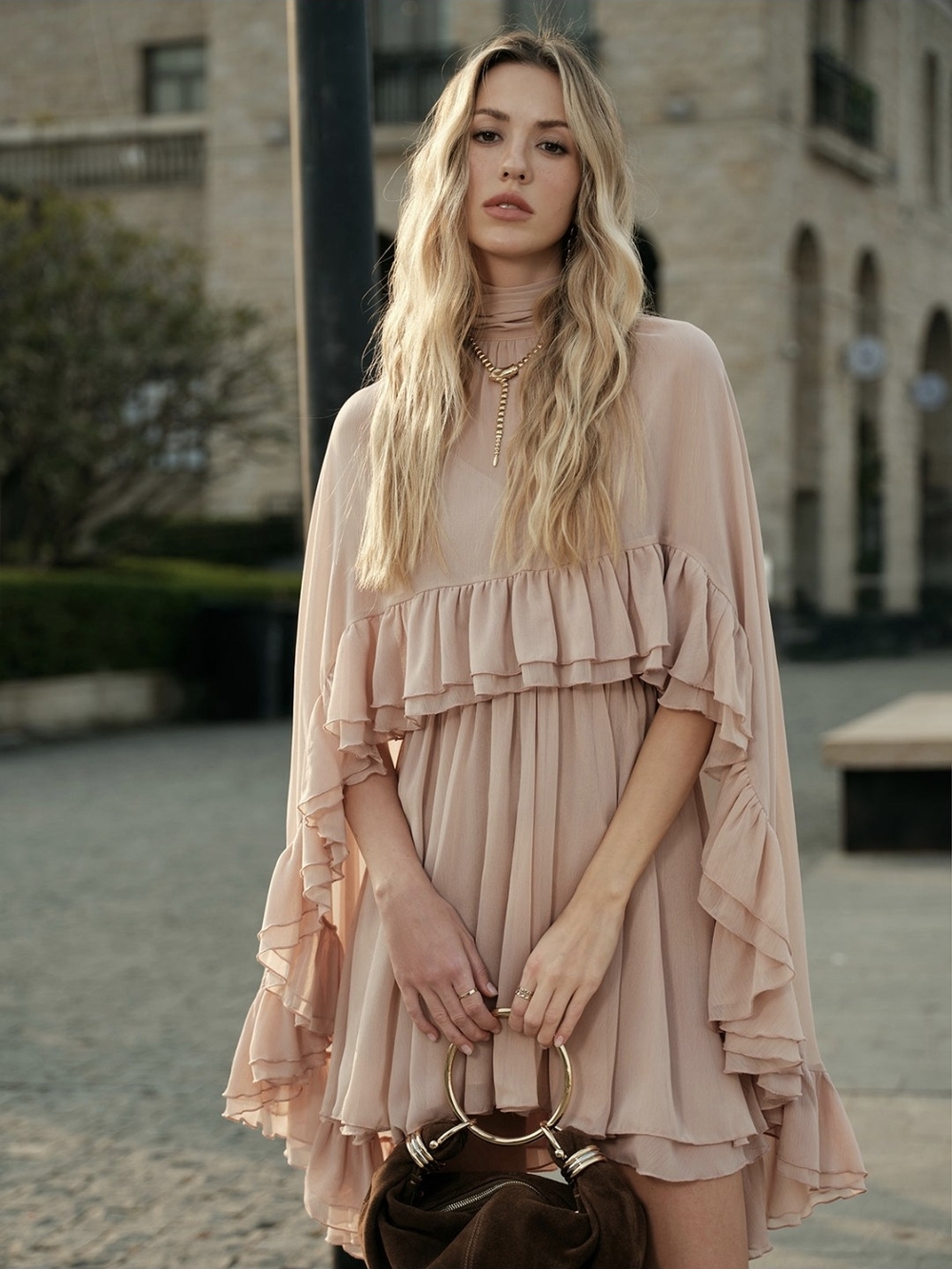 Commense Blush Ruffle Capelet Mini Dress